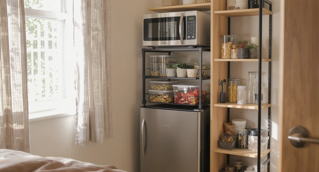 Dorm mini fridge organization ideas showing a well-organized dorm corner with a neatly arranged mini fridge, over fridge rack, and vertical storage solutions for small dorms featuring bins, containers, and snacks.
