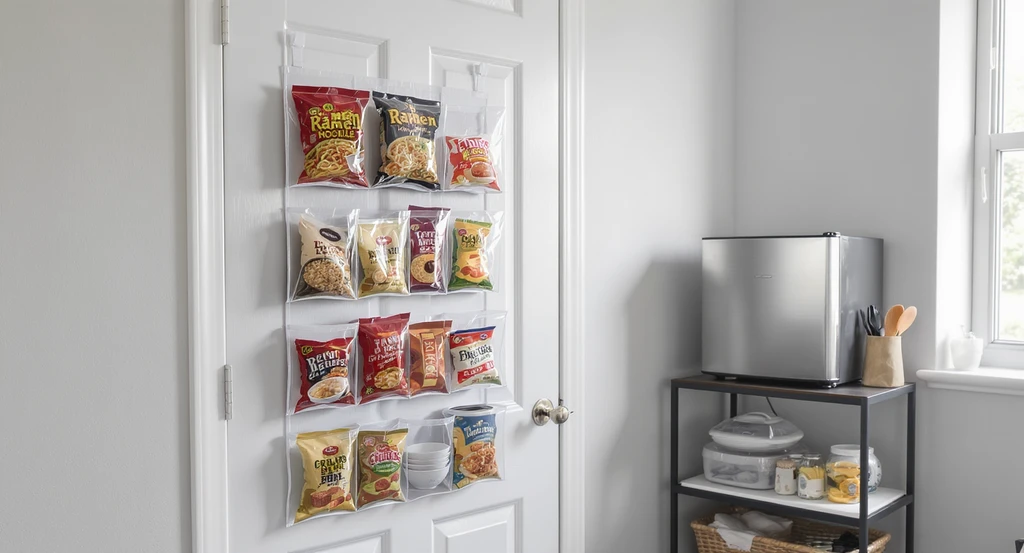 Over-the-door clear pocket organizer filled with ramen, soup, oatmeal, and snacks hangs in a dorm, next to a mini fridge for dorm mini fridge organization ideas.
