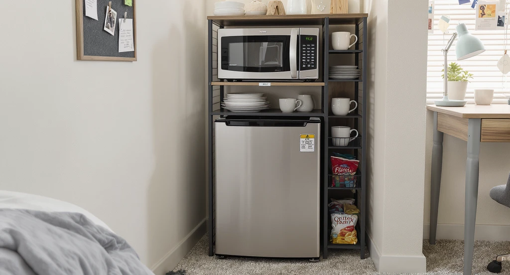Realistic dorm mini fridge organization idea showing a mini fridge beneath a storage rack with a microwave, open cubbies for dishes, and snack pantry storage—featuring the best vertical storage solutions for small dorms and efficient over fridge racks to maximize dorm kitchen space.
