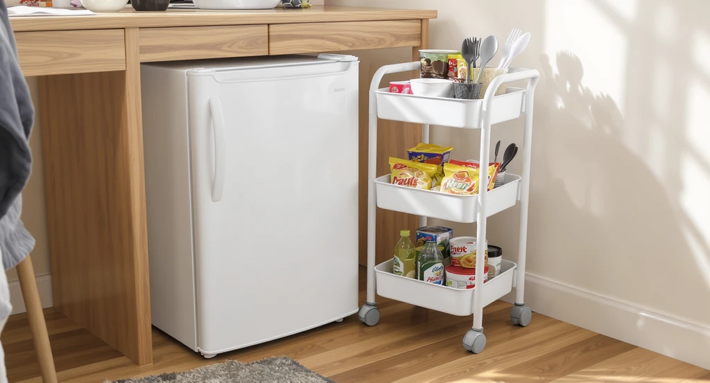 Dorm mini fridge organization with a slim, white 3-tier rolling utility cart beside a compact fridge, showcasing vertical storage solutions and snack station ideas for small dorm rooms. Best over fridge racks for dorms help maximize dorm kitchen space, featuring bowls, utensils, and shelf-stable foods neatly arranged.