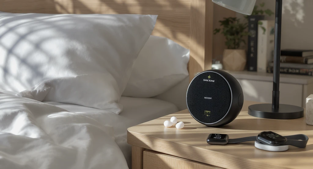 Dorm bed setup with a Sonic Bomb vibrating alarm on the nightstand, bed shaker under the mattress, fitness tracker, and earplugs—perfect ai interior design solutions for dorms needing soundproofing, ideal for ai home design tips for dorm noise and how to use ai for soundproofing rooms.