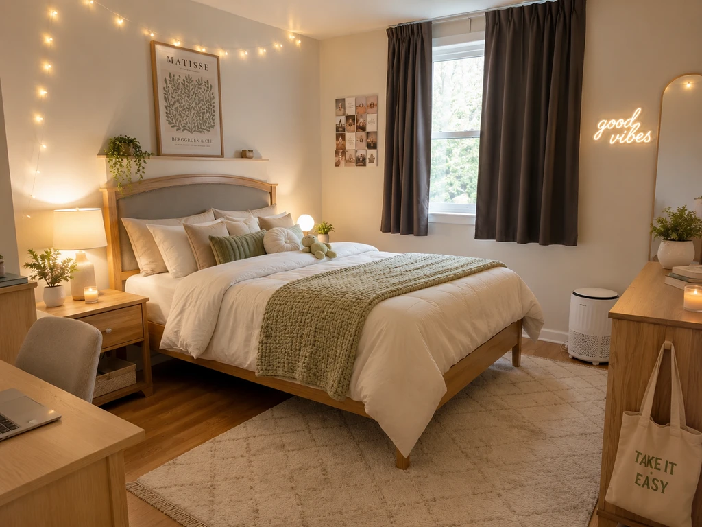 Modern college dorm room showcasing ai home design tips for dorm noise, featuring soundproofing essentials like blackout curtains, white noise machine, and memory foam topper. Ultra-realistic, tidy, and functional.