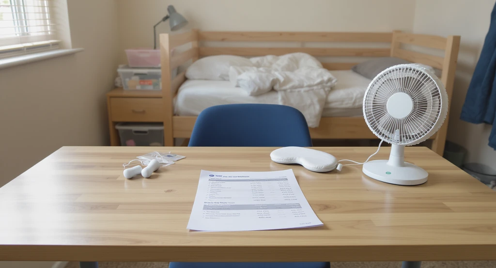 Dorm room desk displaying a budget table, foam earplugs, eye mask, white noise fan, and simple bed setup—showcasing ai home design tips for dorm noise and ai interior design solutions for dorms, illustrating how to use ai for soundproofing rooms affordably.