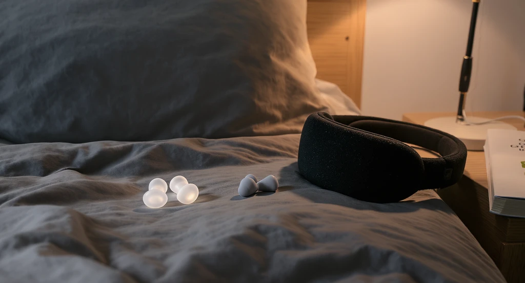 Moldable silicone earplugs and a Bluetooth sleep headband on a dorm bed and nightstand, showing ai home design tips for dorm noise control and ai interior design solutions for dorms.