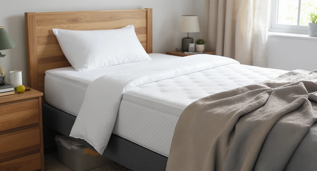 Modern dorm room bed with mattress topper, ergonomic pillow, breathable sheets, and throw blanket, using ai home design tips for dorm noise and ai interior design solutions for dorms for comfort.
