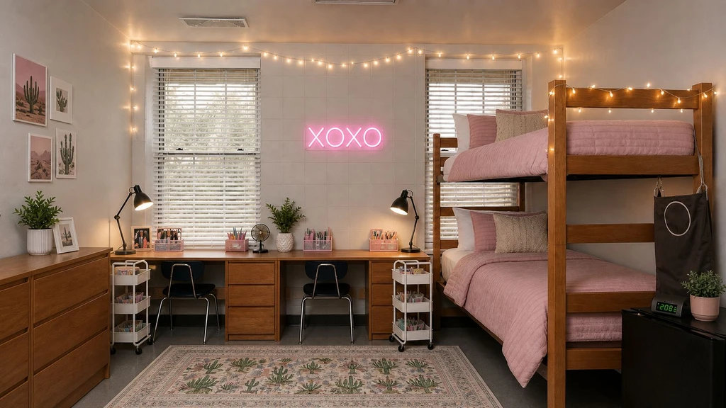 Modern dorm room designed with ai dorm room design and planning tools, featuring a practical layout and budget-friendly furnishings optimized by ai-powered solutions.
