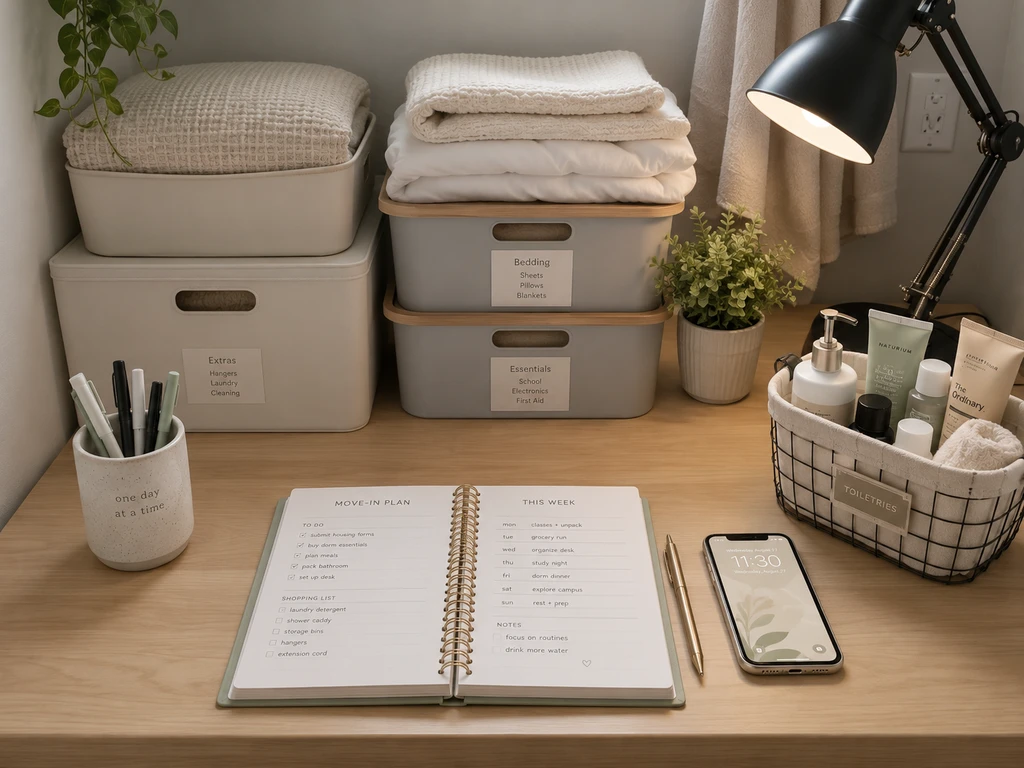 Editorial ai dorm room design and planning scene: budget planner, dorm shopping list on phone, storage bins, bedding, and essentials neatly arranged to illustrate virtual dorm shopping list generator ai, ai-powered dorm room layout visualization, and how to optimize dorm space with ai.