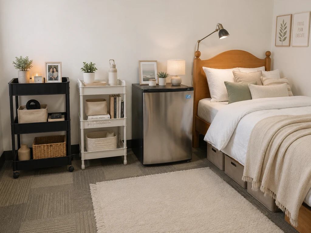 Photorealistic dorm room showing secondhand shelving, rolling carts, desk lamp, mini-fridge, and organizers, plus an open laptop with a virtual dorm shopping list generator AI, illustrating ai dorm room design and planning and how to optimize dorm space with ai for student budget decorating.
