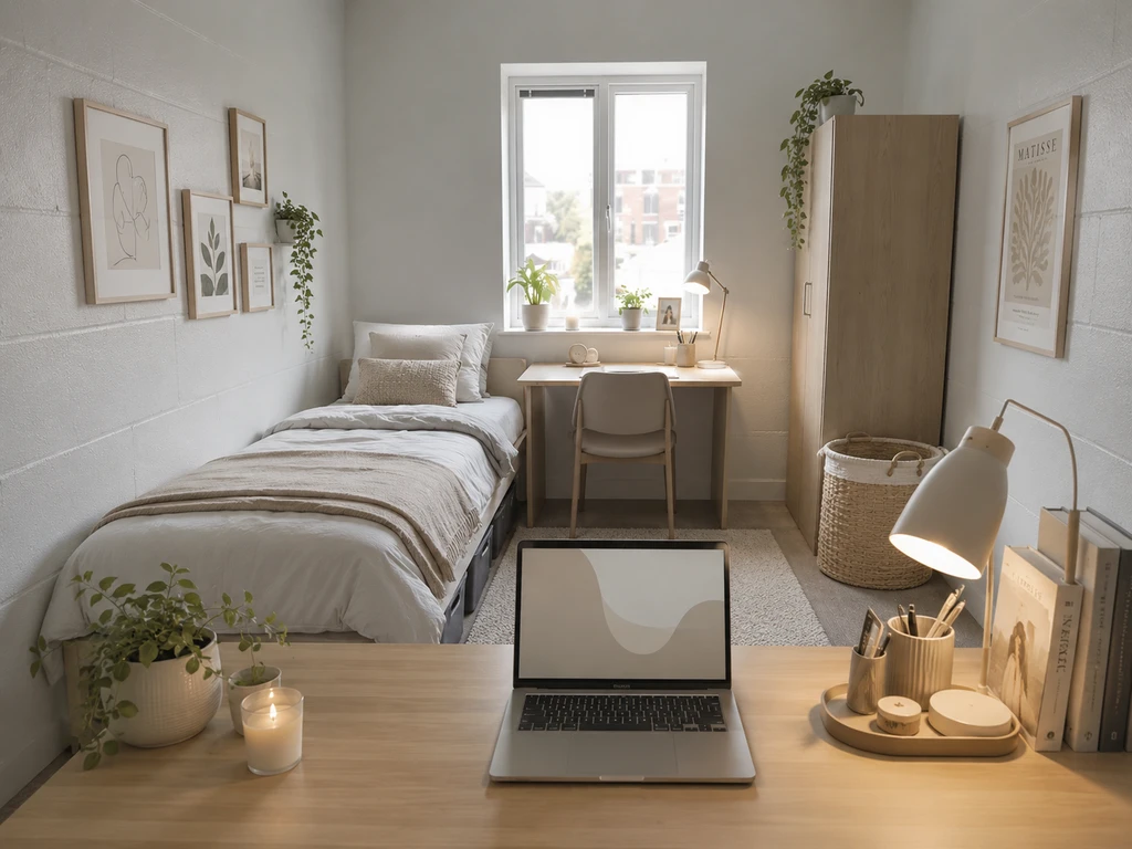 Modern dorm room staged for move-in with only essential items, built-in furniture, and a laptop showing ai dorm room design and planning tools.