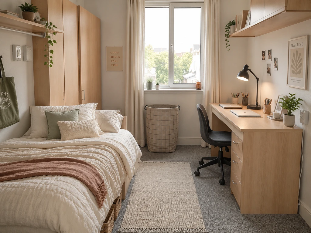 Minimalist dorm room setup featuring essential items like bedding, towel, shower caddy, laundry basket, desk lamp, and power strip, ideal for ai dorm room design and planning, virtual dorm shopping list generator ai, and optimizing dorm space with ai for student budget decorating.