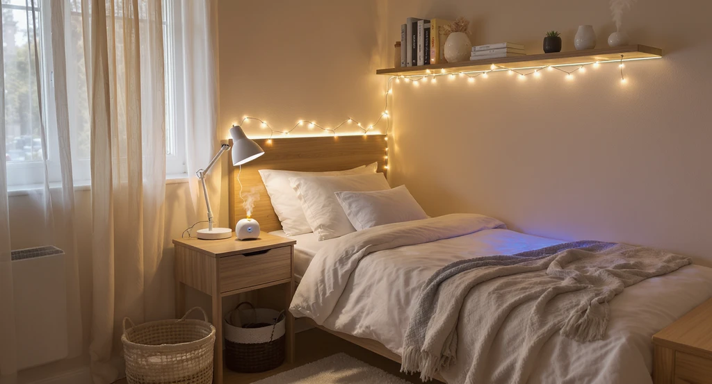 Photo-realistic dorm room corner with soft lighting, string lights, flameless diffuser, white noise machine, and organized storage—great for ai dorm room personalization ideas and the best ai apps for small dorm makeovers.