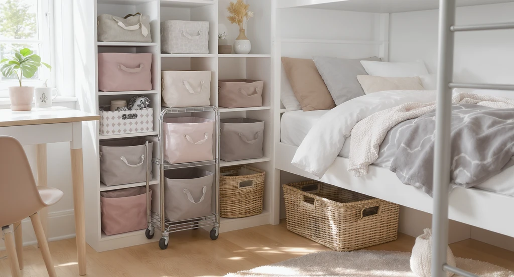 Photorealistic dorm room corner with pastel fabric bins, wicker basket under a bed, and a metal rolling cart. Shows ai dorm room personalization ideas, ai-powered storage and organization solutions, and how to use ai for shared spaces in a modern, organized setting.