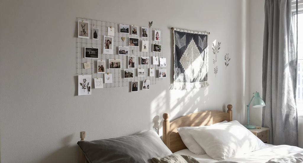Dorm room wall decorated with photos, postcards, decals, and a tapestry, demonstrating ai dorm room personalization ideas for shared spaces and small dorm makeovers.
