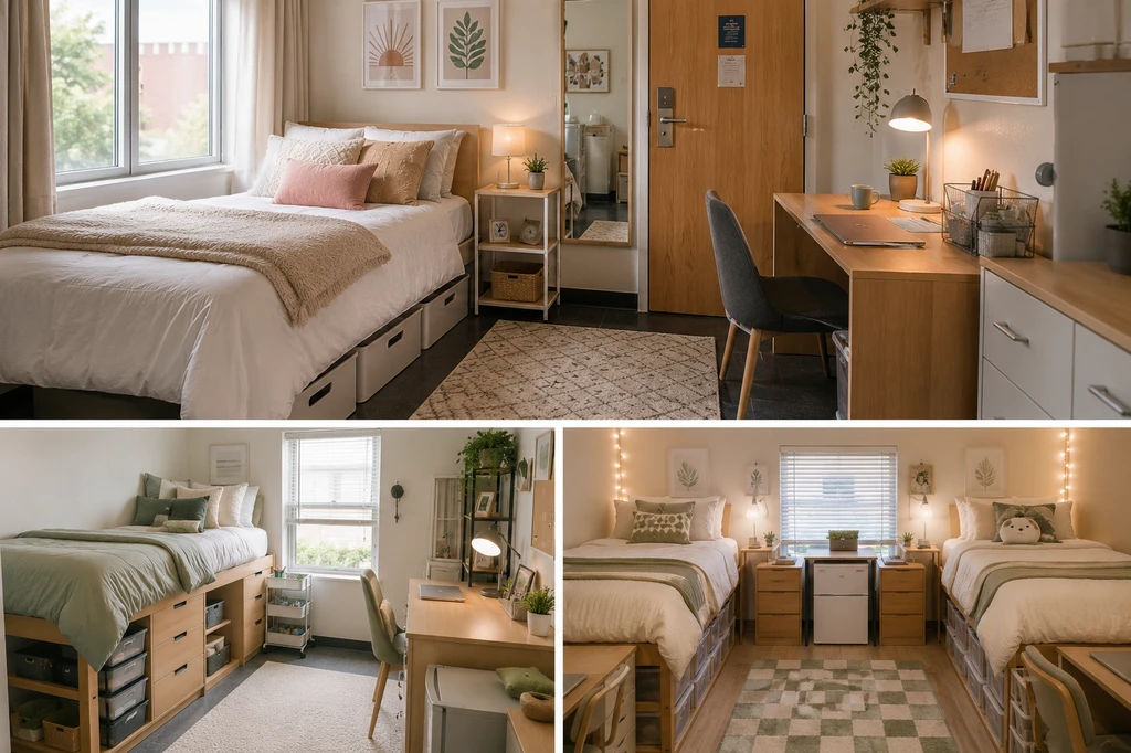 Photorealistic shared dorm room showing ai dorm room personalization ideas, subtle storage, and design tools for small shared spaces, no people visible.