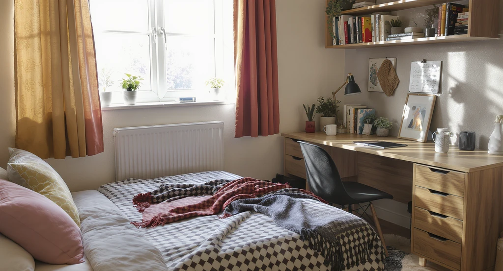 Editorial-quality dorm room scene showing a personalized corner with accent rug, patterned bedding, and organized shelving—perfect for ai dorm room personalization ideas and virtual dorm room design tools, illustrating how to use ai for shared spaces and ai-powered storage and organization solutions in small dorm makeovers.
