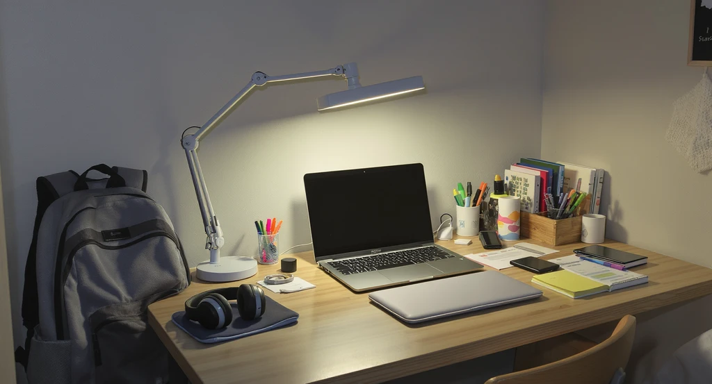 Photorealistic dorm desk with laptop, LED lamp, headphones, planner, backpack, and tech essentials, visualized by ai interior design tool for dorm essentials.