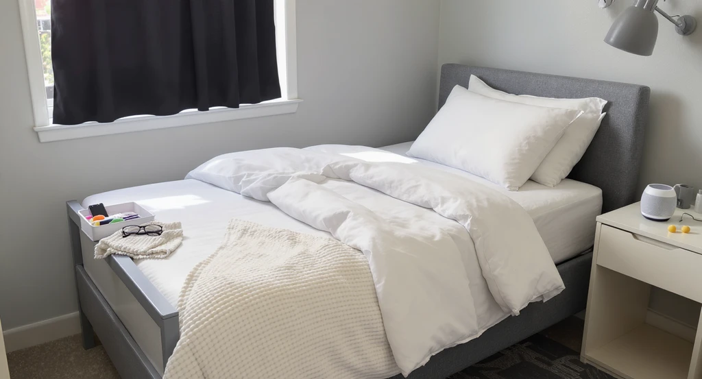 Photorealistic dorm bed styled with Twin XL sheets, mattress topper, comforter, pillows, bedside caddy, blackout curtains, and sleep accessories, ideal for ai home design checklist for college dorms and best ai app for organizing college move.