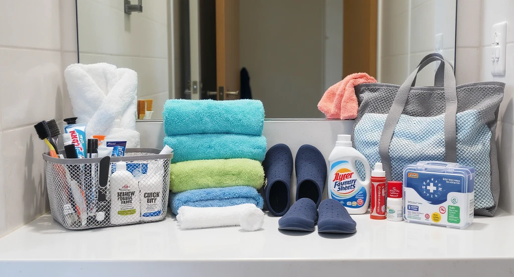 Organized dorm bathroom and laundry essentials arranged on a countertop: mesh shower caddy, towels, shower shoes, laundry bag, detergent, and first aid kit. Use ai home design checklist for college dorms, best ai app for organizing college move, and ai interior design tool for dorm essentials.