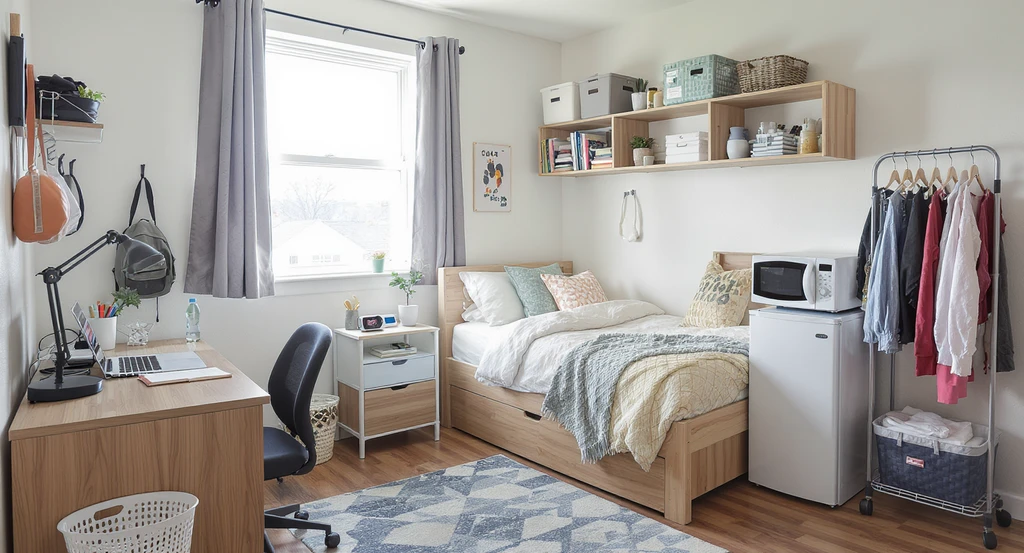 Editorial hero image of a dorm room with essentials like bed, desk, storage bins, mini fridge, and study supplies—ideal for ai home design checklist for college dorms, how to visualize dorm room with ai, and ai interior design tool for dorm essentials.