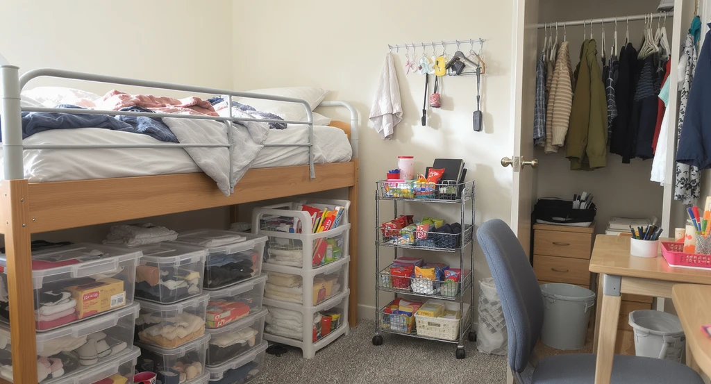 Organized college dorm room with a rolling storage cart, clear under-bed boxes, wall hooks, closet organizer, and desk trays. Virtual staging ai for small student spaces and ai home design checklist for dorm essentials visible.