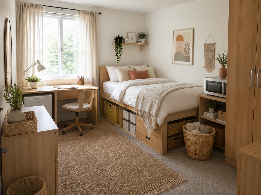 Editorial hero image of a dorm room with essentials like bed, desk, storage bins, mini fridge, and study supplies—ideal for ai home design checklist for college dorms, how to visualize dorm room with ai, and ai interior design tool for dorm essentials.