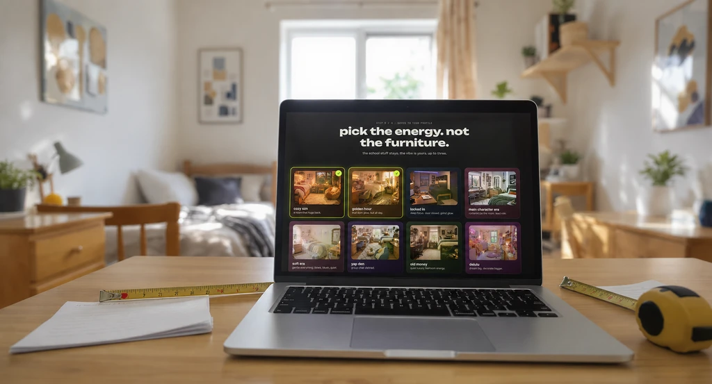 Editorial-quality, realistic dorm room with bed, desk, and AI dorm room design platform open on laptop, showing virtual dorm staging and shoppable product list for ai-based small space interior design and how ai tools help dorm shopping for college students.