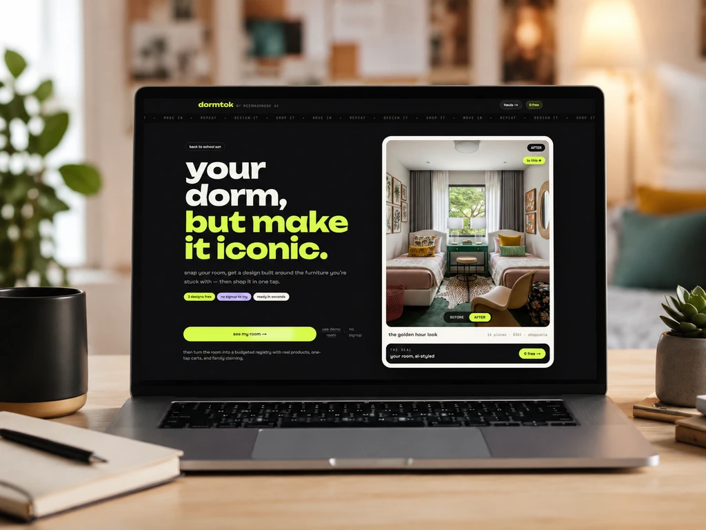 Modern college dorm room viewed on a laptop showing an AI dorm room design platform, illustrating how ai tools help dorm shopping and small space interior design.