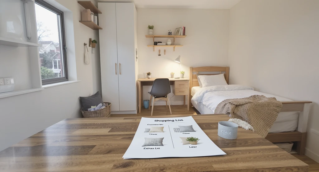 Photorealistic dorm room staged by ai dorm room design platform, with essentials and extras organized, showing how ai tools help dorm shopping and ai-based small space interior design for college students.