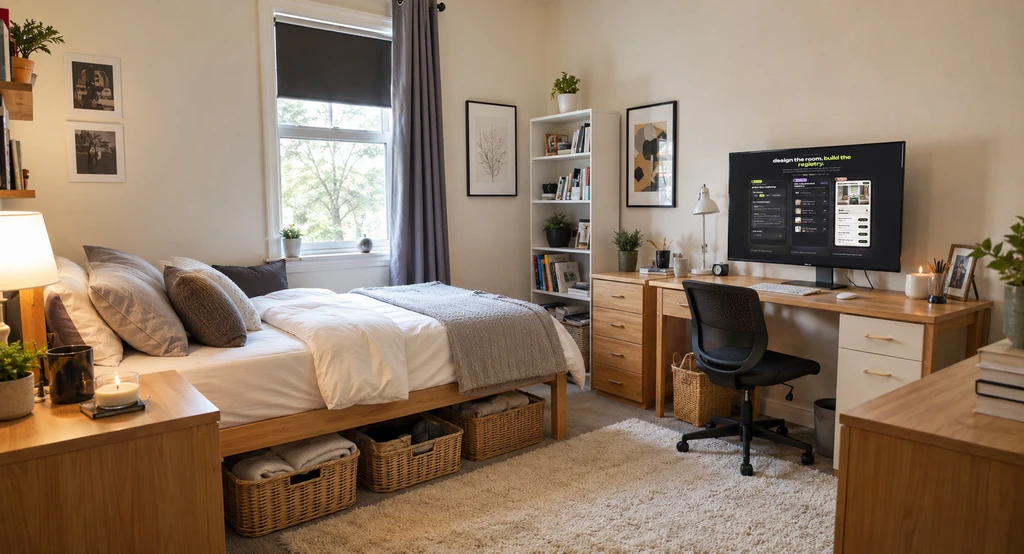 Photorealistic college dorm room reimagined using an ai dorm room design platform for virtual dorm staging, showing how ai tools help dorm shopping decisions for students, with coordinated bedding, matched furniture, and perfectly fit décor.