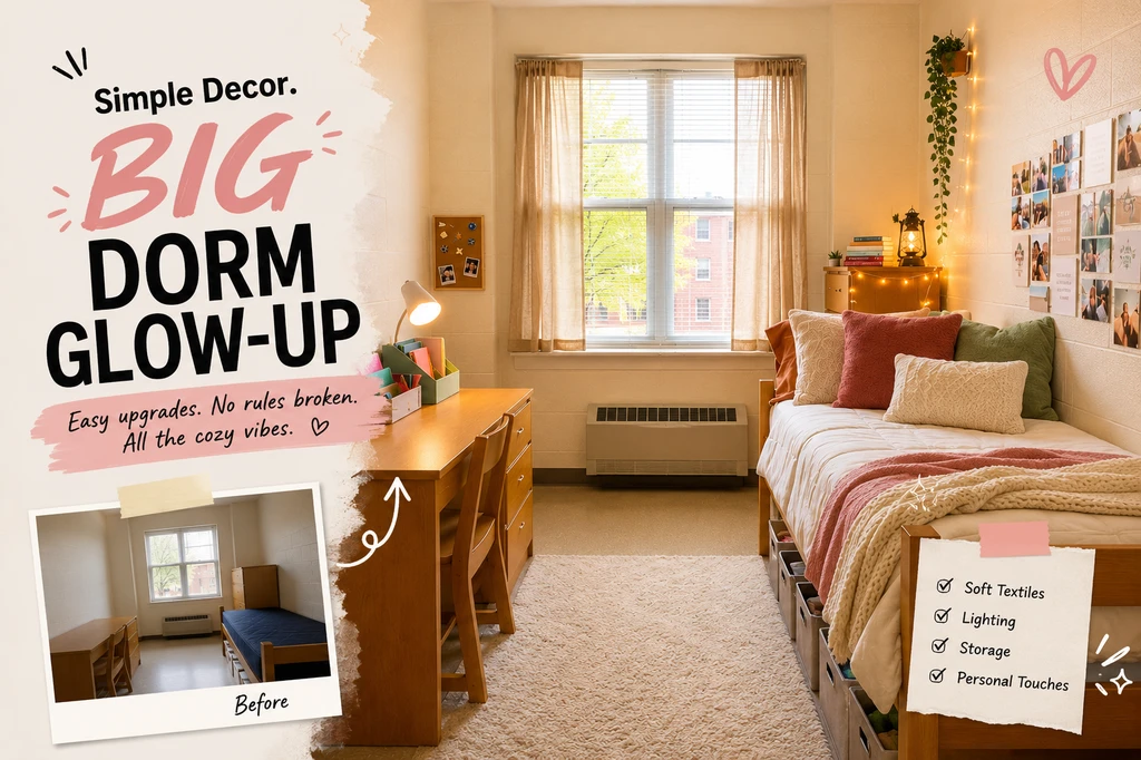 Hero image showing a plain dorm room transformed with simple, dorm-friendly decor, including cozy bedding, a rug, warm lighting, storage, desk organizers, curtains, plants, and a personal photo wall.