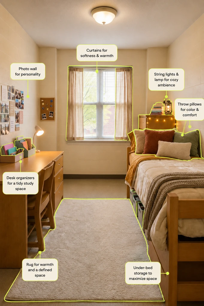 Cozy dorm room with highlighted dorm-friendly decor, including curtains, a photo wall, desk organizers, a rug, throw pillows, string lights, a lamp, and under-bed storage.