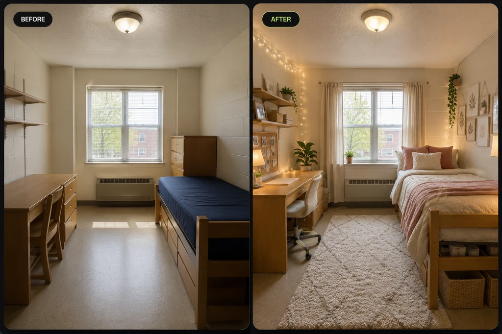 Before-and-after comparison of a single dorm room, changing from a plain space with basic school furniture into a warm, cozy setup with layered bedding, a rug, desk decor, soft lighting, plants, and extra storage.