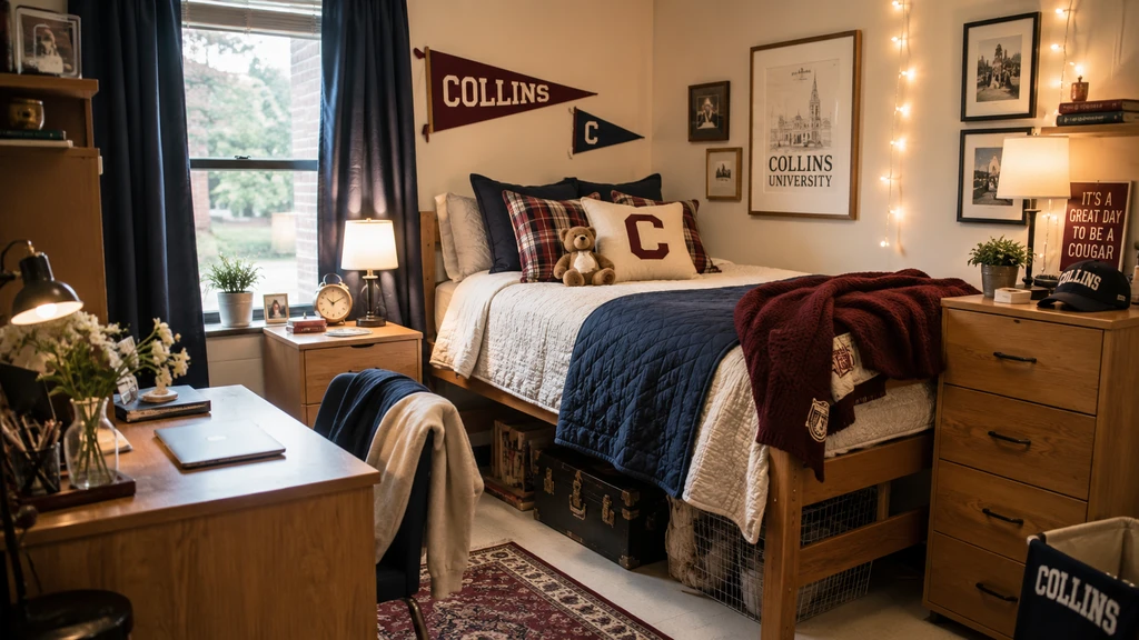 A cozy college dorm room styled with navy and burgundy bedding, plaid pillows, university pennants, framed campus art, warm lamps, and practical under-bed storage.