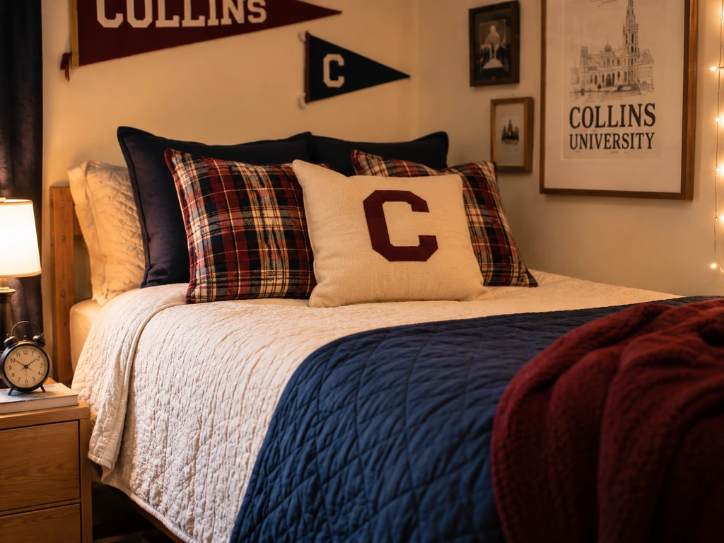 A close-up of a dorm bed with cream quilted bedding, navy layers, burgundy plaid pillows, a varsity letter cushion, and university pennants above the headboard.