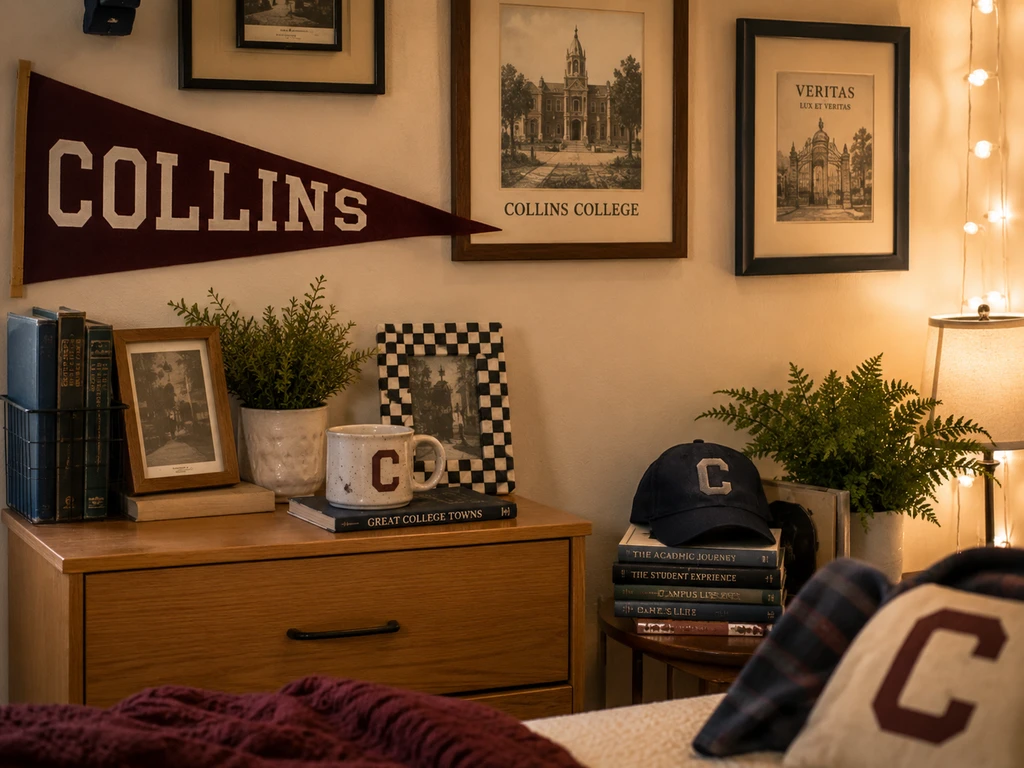 A dorm dresser styled with a university pennant, framed campus prints, books, plants, a checkerboard photo frame, a varsity cap, and warm string lights.