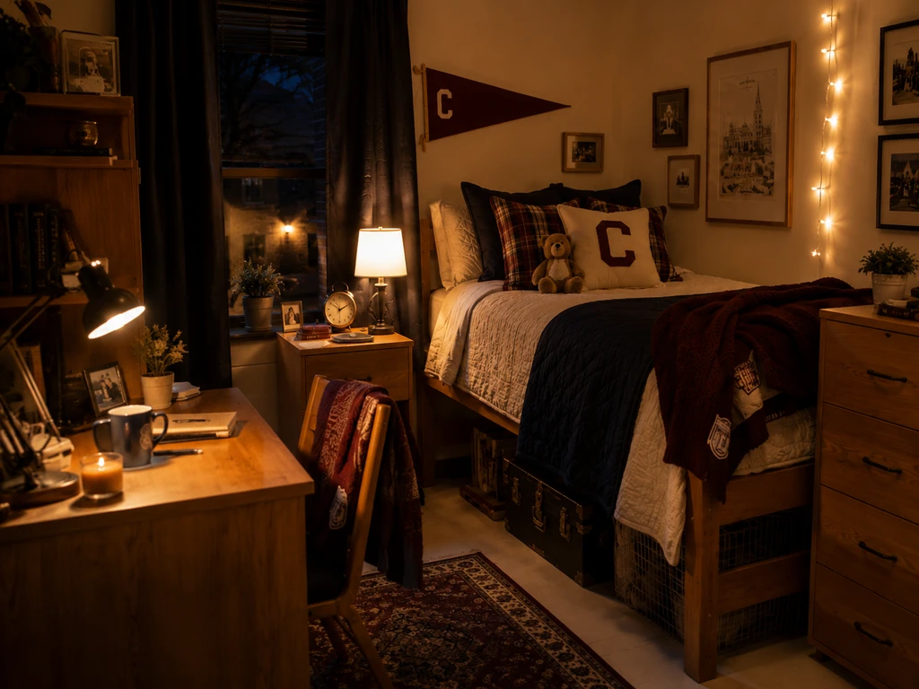 A varsity-style college dorm room at night, illuminated by warm bedside lamps, a desk lamp, and soft string lights, with navy and burgundy bedding and classic campus décor.