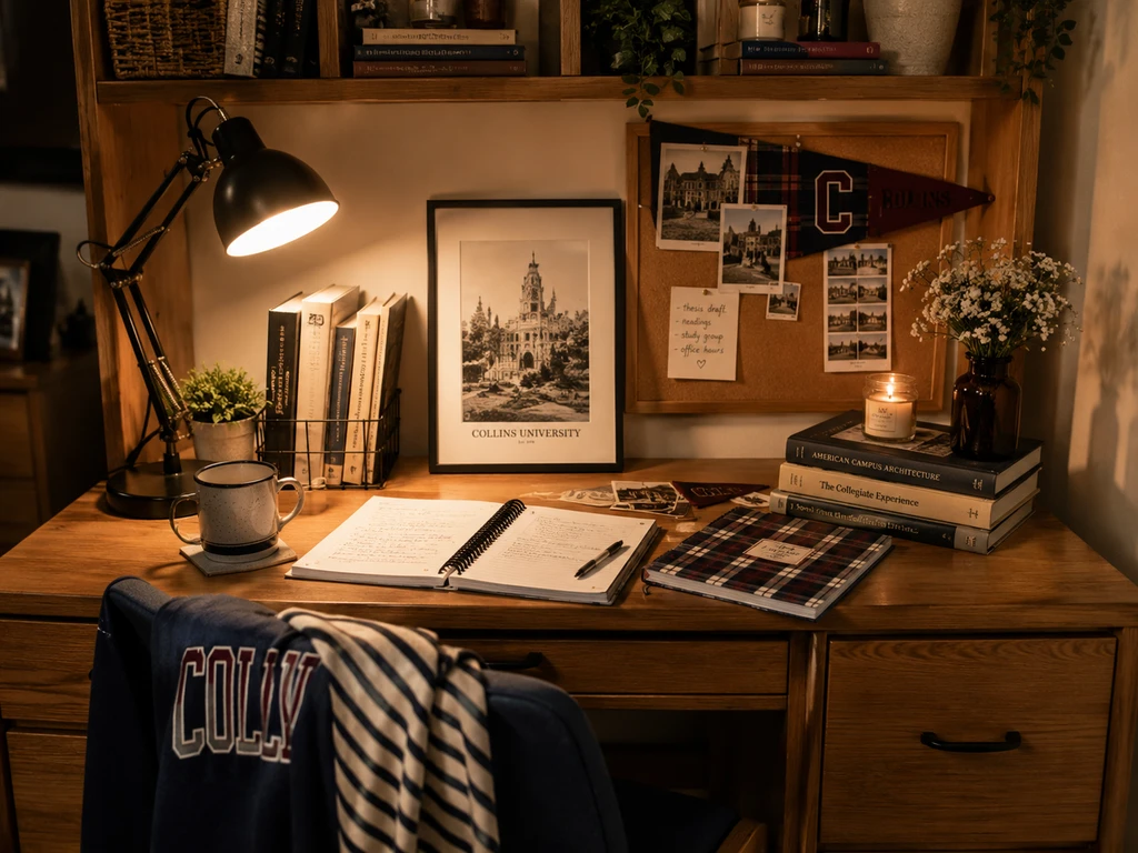 A warmly lit dorm study desk with books, a black task lamp, framed campus artwork, a plaid notebook, photos, plants, and a university pinboard.