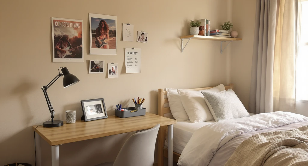 Dorm room makeover ideas for students featuring a styled bed, practical workspace with a lamp, personal photos, and budget-friendly decor tips.
