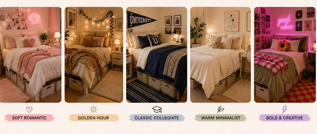 A five-panel collage showing dorm beds styled in soft romantic, golden hour, classic collegiate, warm minimalist, and bold creative aesthetics.