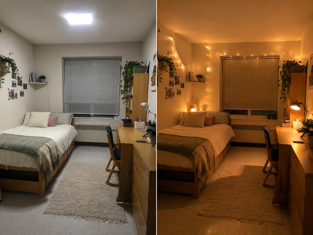 A side-by-side comparison of the same dorm room under harsh cool overhead lighting and soft warm layered lighting.