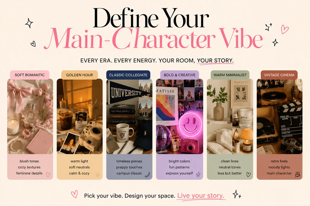 A mood-board-style graphic showing six main-character aesthetics: soft romantic, golden hour, classic collegiate, bold and creative, warm minimalist, and vintage cinema.