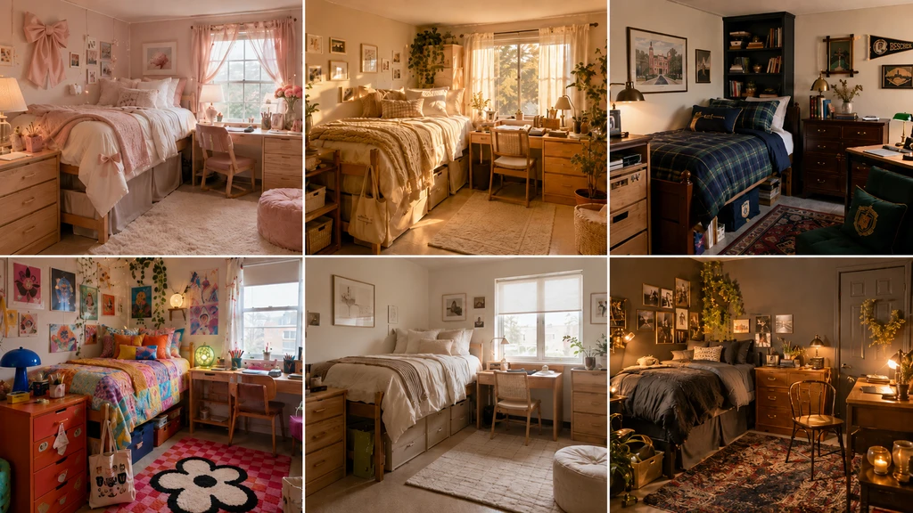 A six-panel collage of college dorm rooms styled in different “main character” aesthetics, including soft romantic, golden-hour cozy, old-money collegiate, bold creative, warm minimalist, and moody vintage looks.