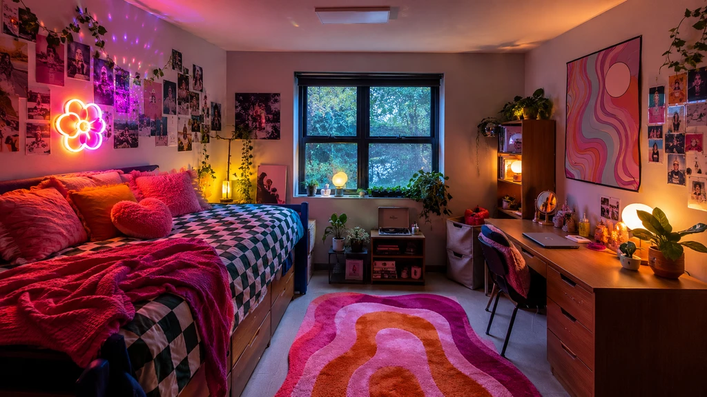 A vibrant Gen Z dorm room with colourful bedding, neon lighting, a bold statement rug, wall collages, plants, and a styled study area.