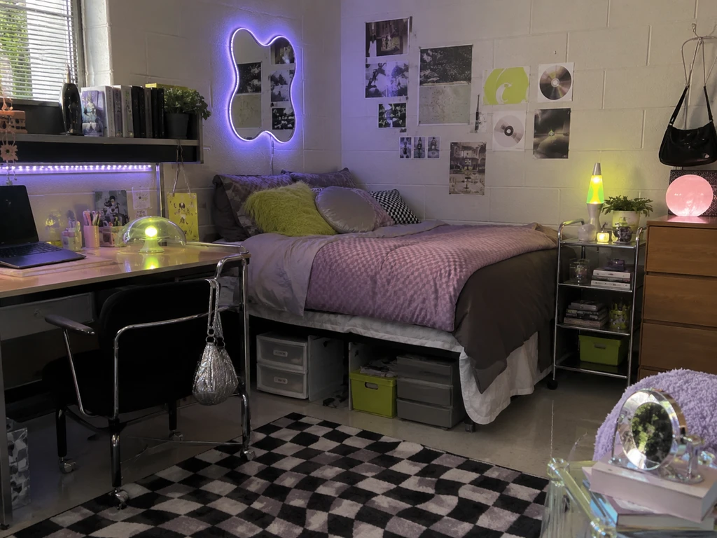 Y2K dorm room with lavender and lime accents, checkerboard rug, chrome furniture, lava lamps, LED lighting, wall collages, and organized under-bed storage.