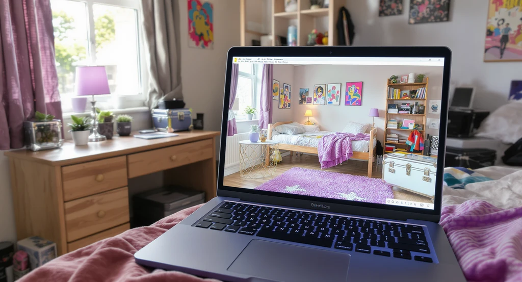 Laptop on a dorm bed shows a preview of Y2K dorm room design ideas, featuring chrome, lavender accents, retro tech decor, and storage solutions.