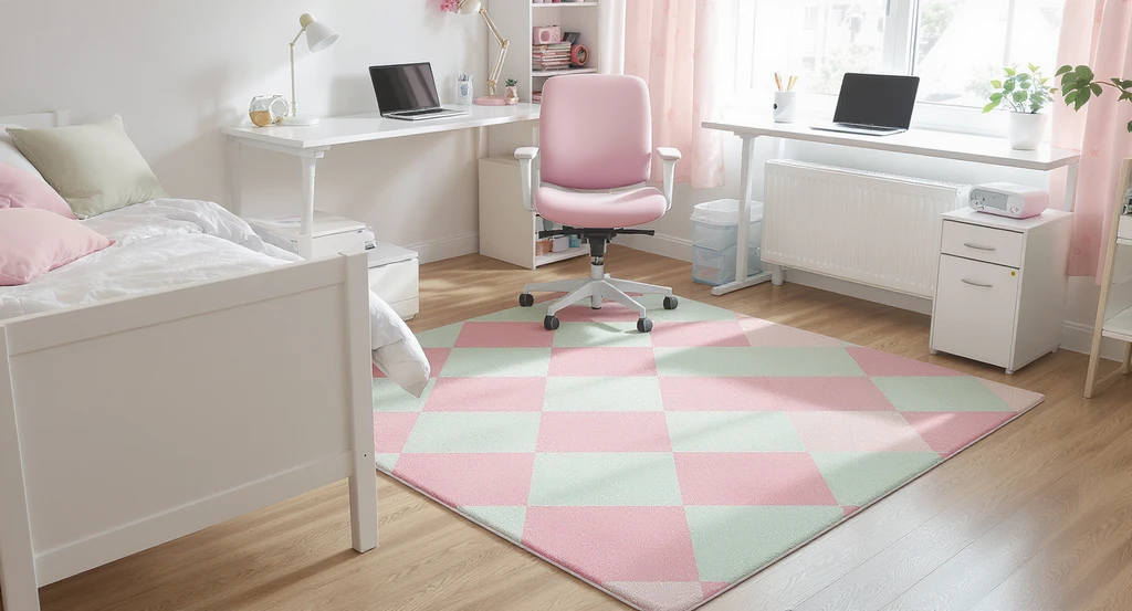 Minimalist Y2K dorm room design idea featuring a bold checkerboard rug, pastel colors, retro tech decor, and smart storage solutions for small spaces.