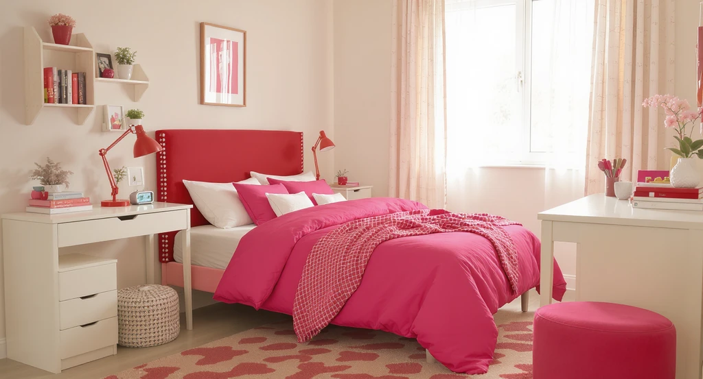 Y2K dorm room design with bold pink bedding, red accents, and cream furniture showing how to create a Y2K dorm aesthetic with the best color palettes.