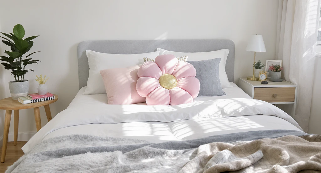 Minimalist Y2K dorm bed with a solid comforter, pastel flower accent pillow, fuzzy throw, and playful cushions, showing chic Y2K dorm room design ideas and best color palettes for Y2K bedrooms.