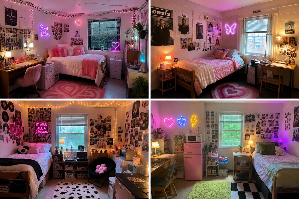 A four-image collage of Y2K-inspired dorm rooms featuring pink bedding, neon lights, photo walls, posters, string lights, retro decor, colorful rugs, and playful storage.