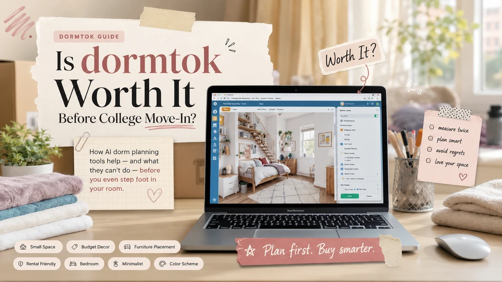 Modern college dorm room with a laptop open to an AI dorm planning tool, showing virtual dorm visualization and shopping checklist for smarter, stress-free move-in.